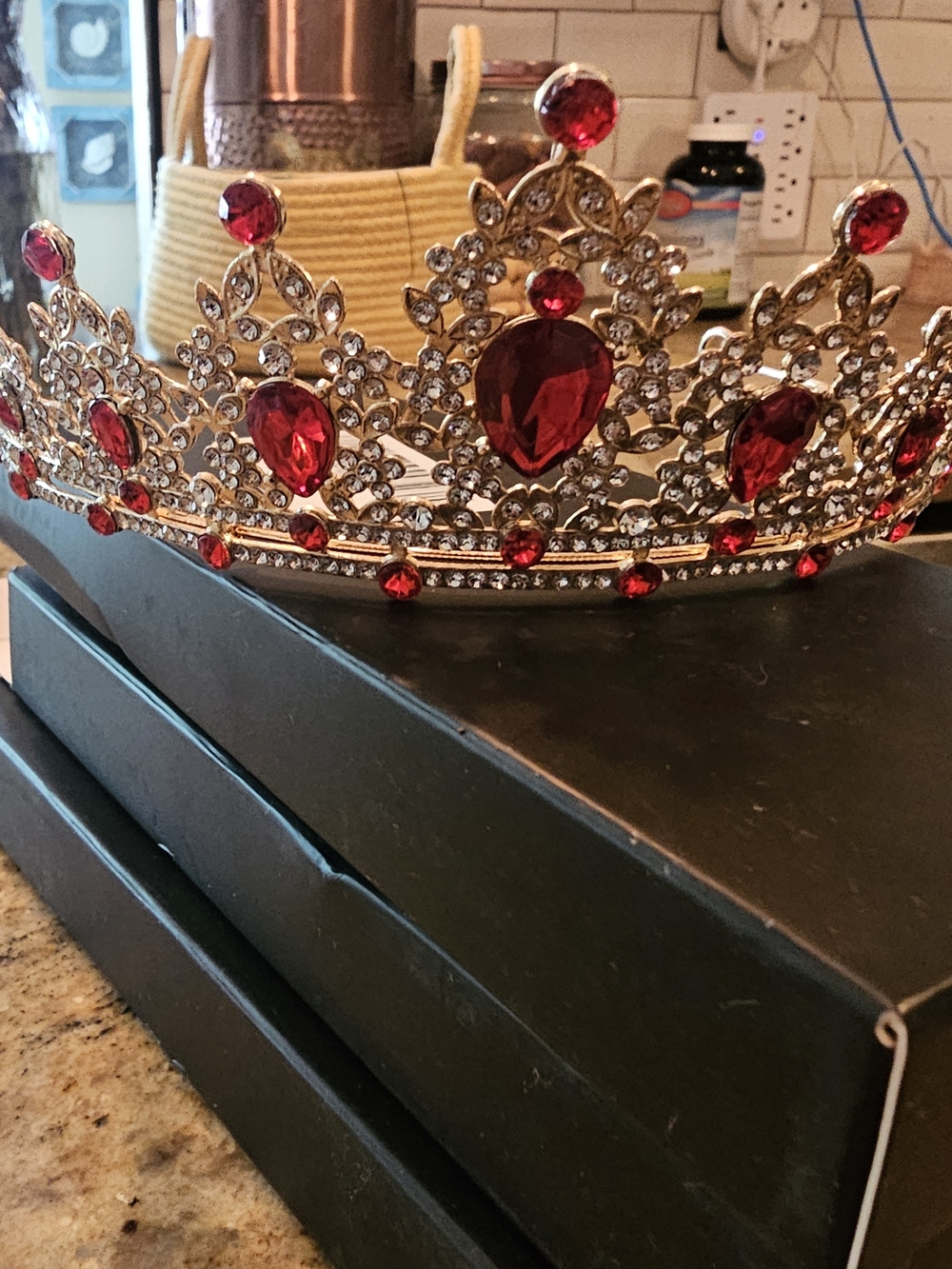 Gold & Reinstones Tiara with Red Gem Accents - Women Accessories